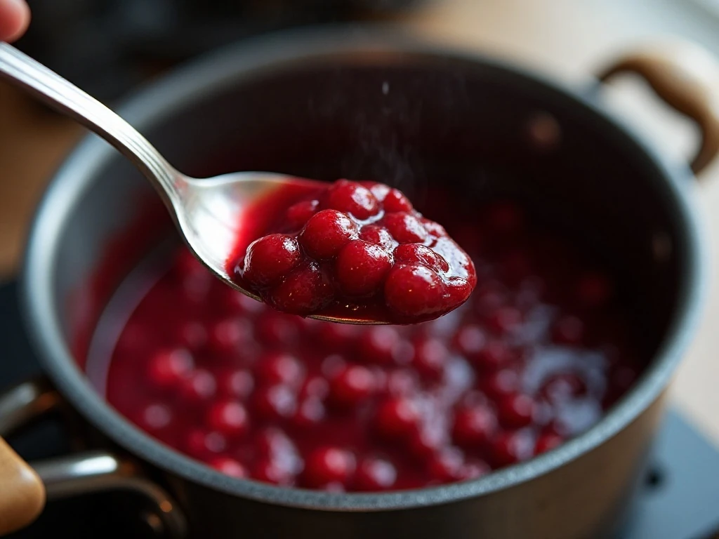 Cranberry sauce lightly coating a spoon at the correct cooking stage