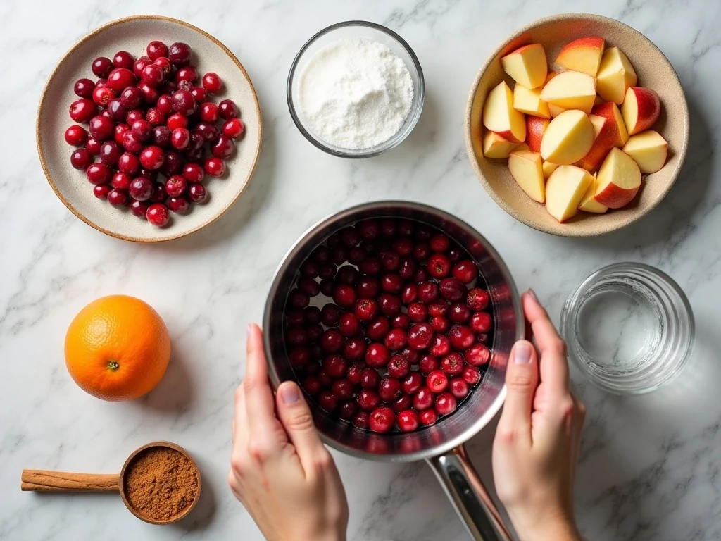Ingredients for easy homemade cranberry sauce with apples