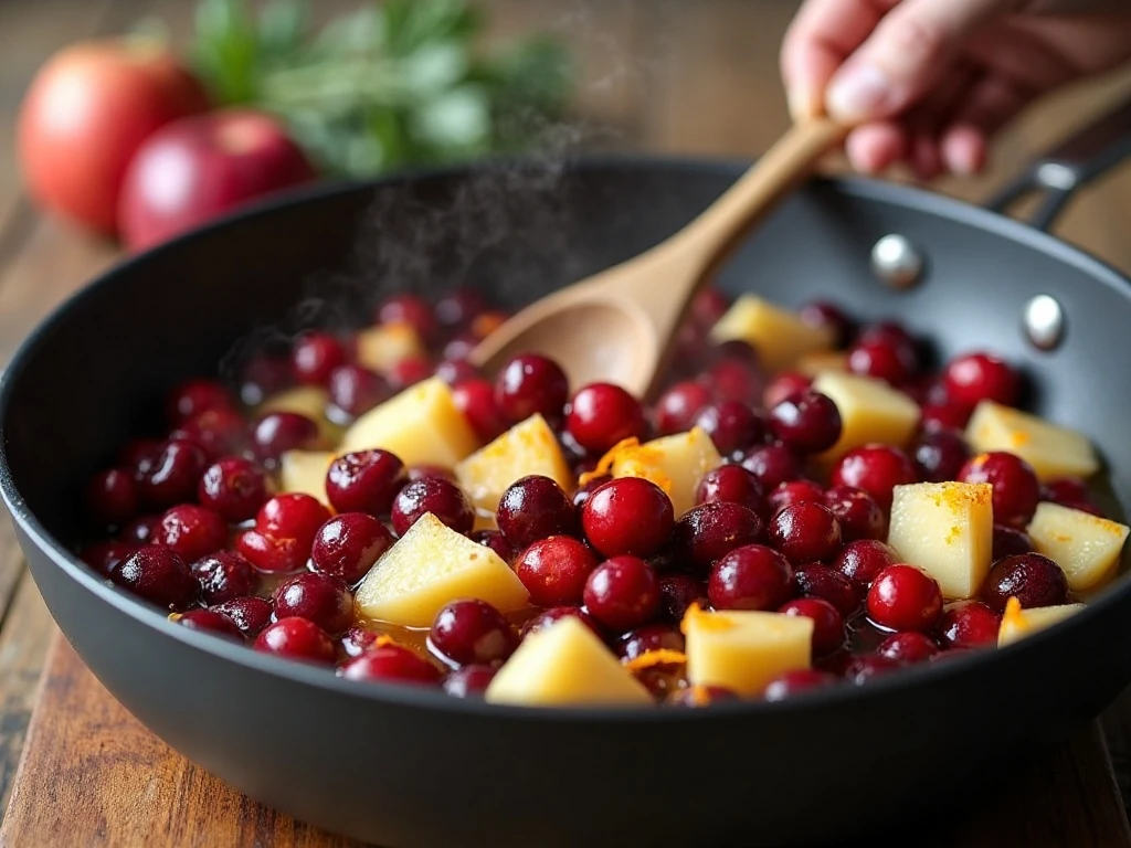 Cranberries and apples simmering for homemade cranberry sauce