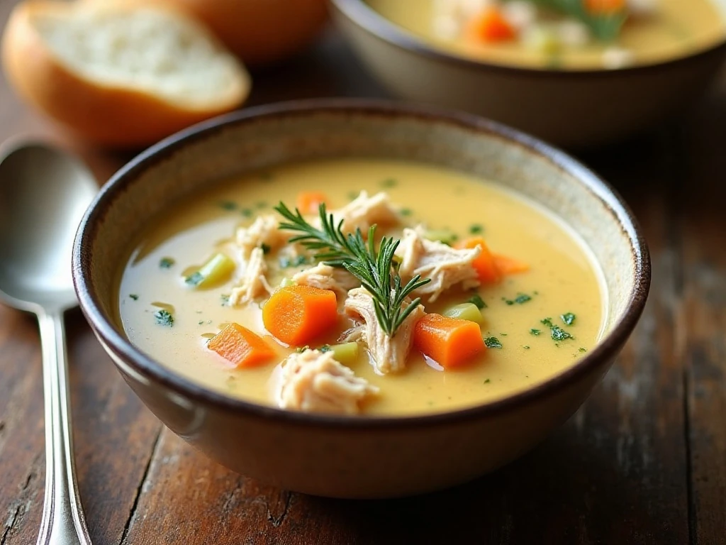 Homemade cream of chicken soup served with crusty bread