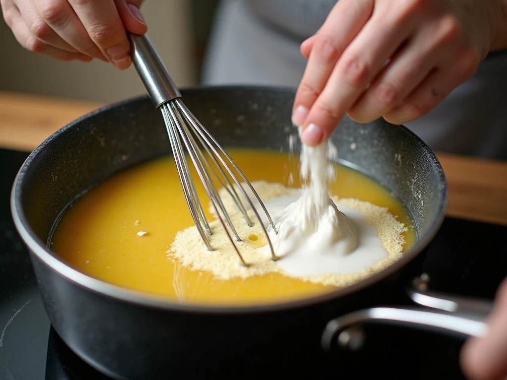 Whisking broth into the soup base for a smooth texture