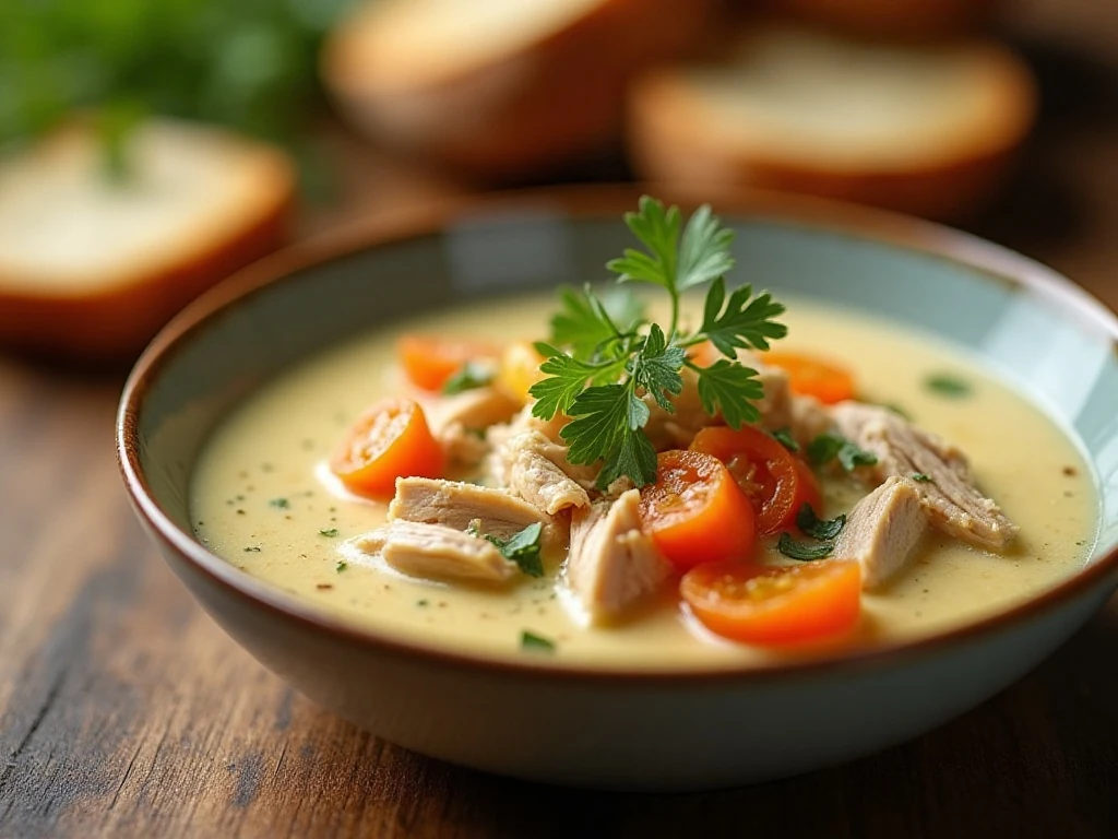 Close-up of creamy chicken soup with herbs and vegetables