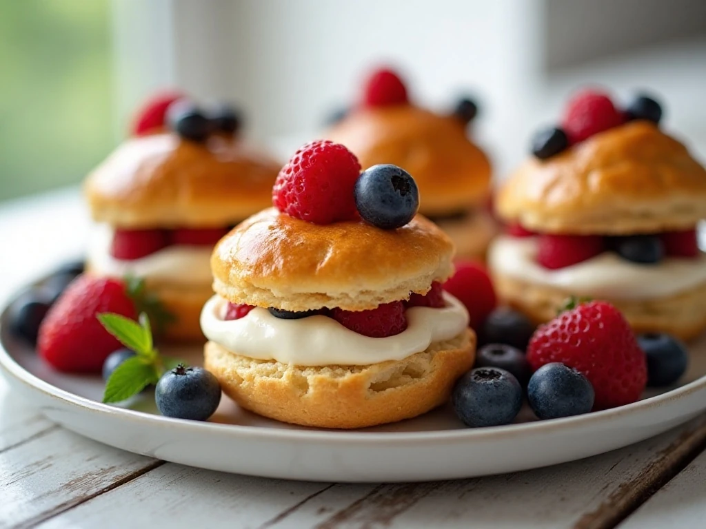 Homemade cream puffs filled with vanilla cream and fresh berries
