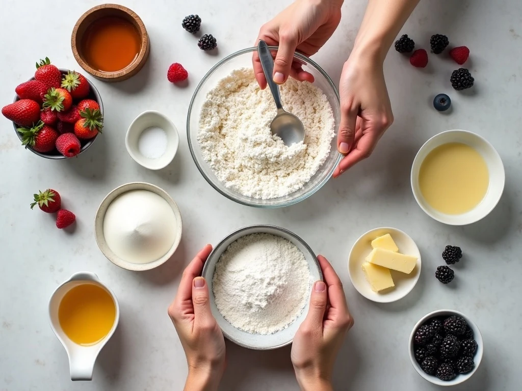 Ingredients for homemade berry cream puffs and vanilla cream