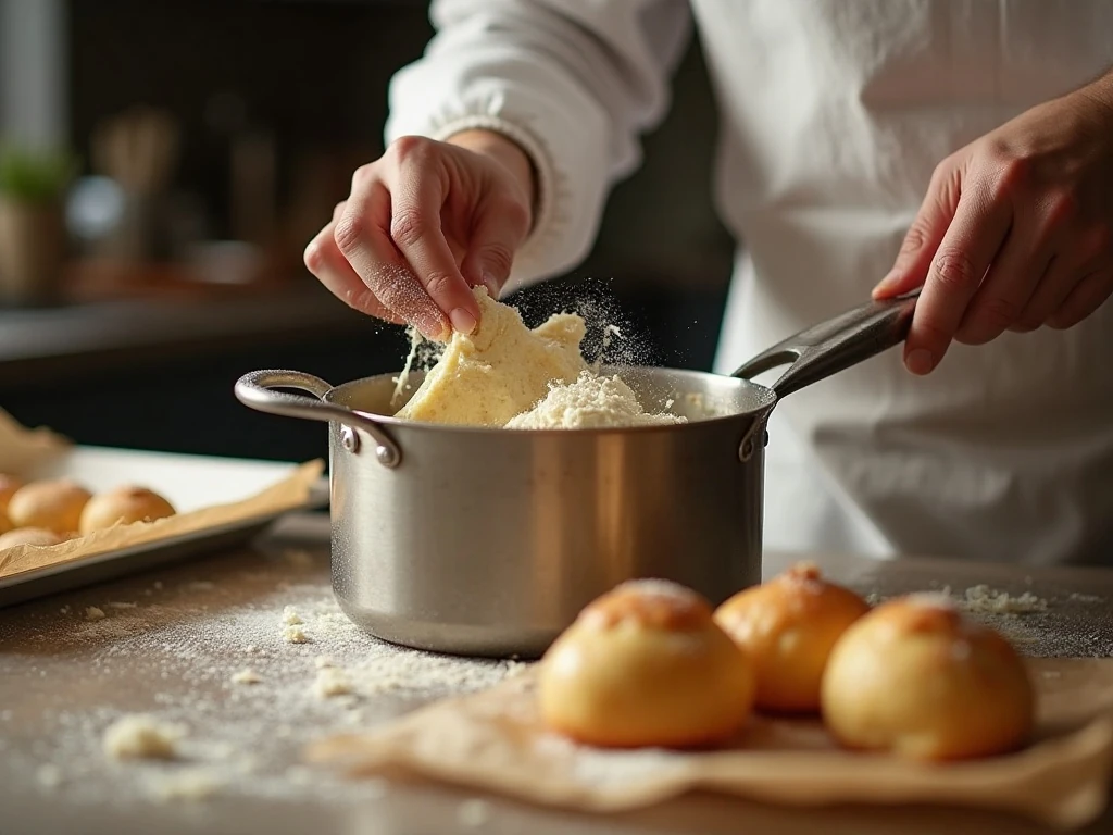 Preparing pâte à choux dough for cream puffs