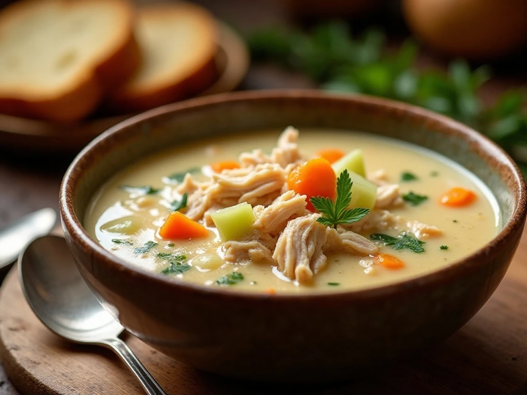 Bowl of homemade creamy chicken soup with vegetables and tender chicken