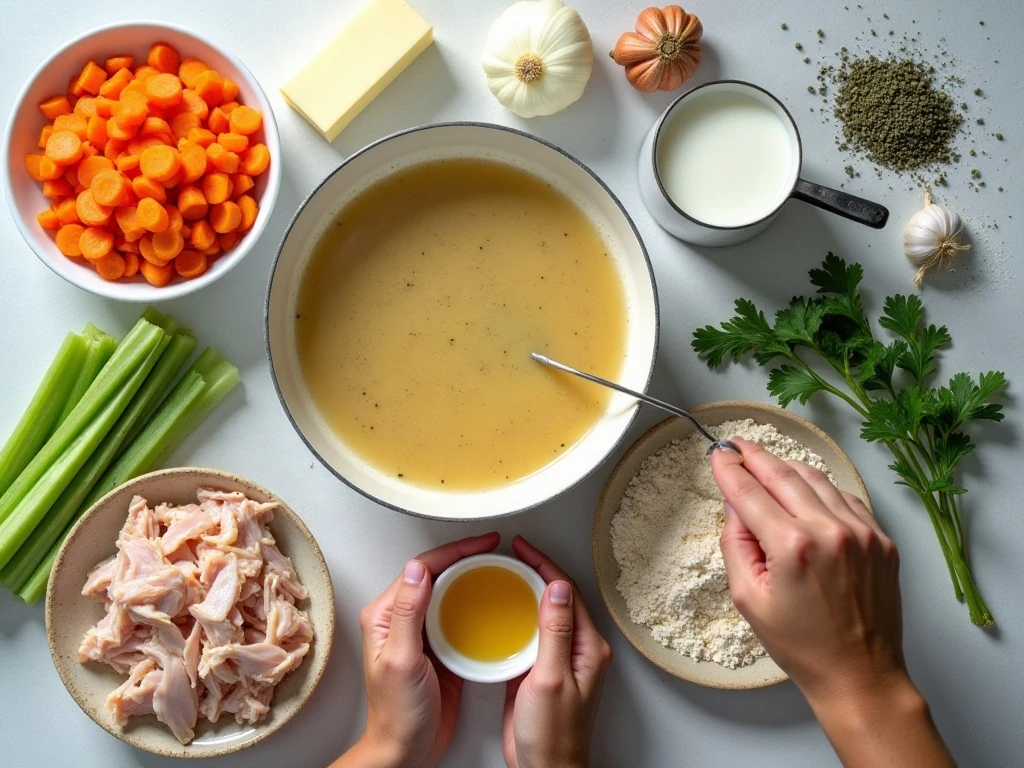 Ingredients for creamy chicken soup arranged on a kitchen counter