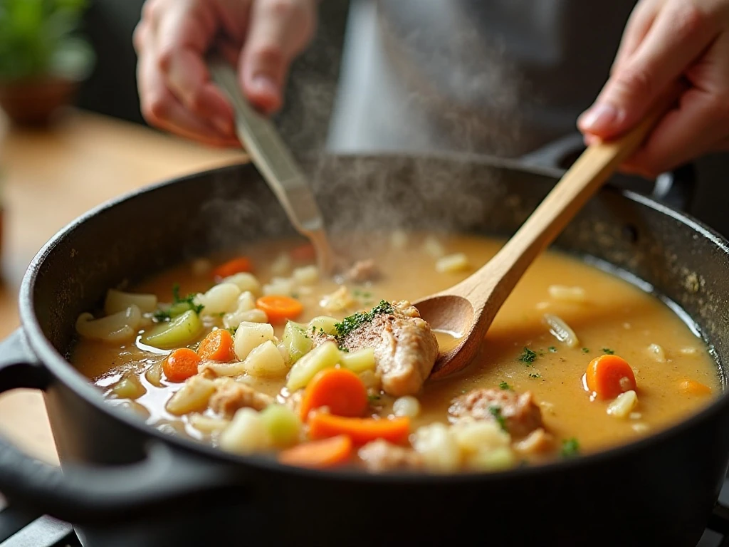 Vegetables sautéing in a Dutch oven for creamy chicken soup