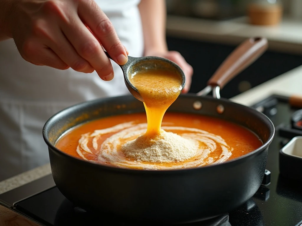 Whisking chicken broth into a flour-thickened soup base