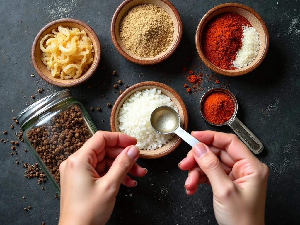 Ingredients for homemade dry onion soup mix arranged for measuring