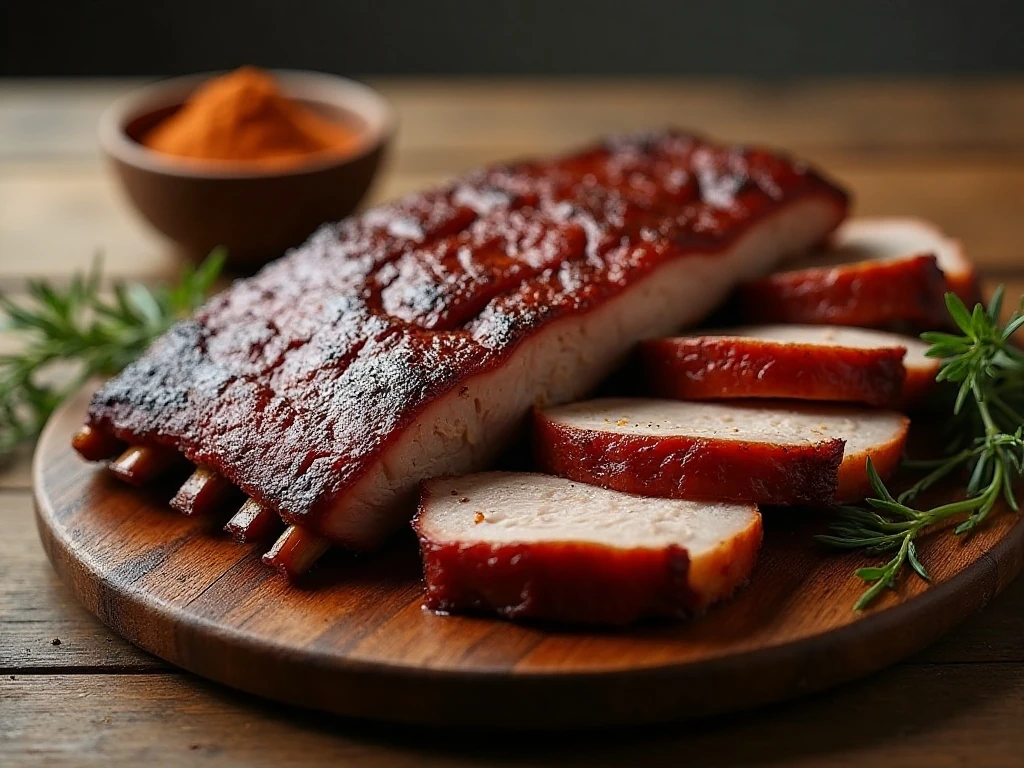 Barbecue pork coated in homemade dry rub with a rich, dark crust