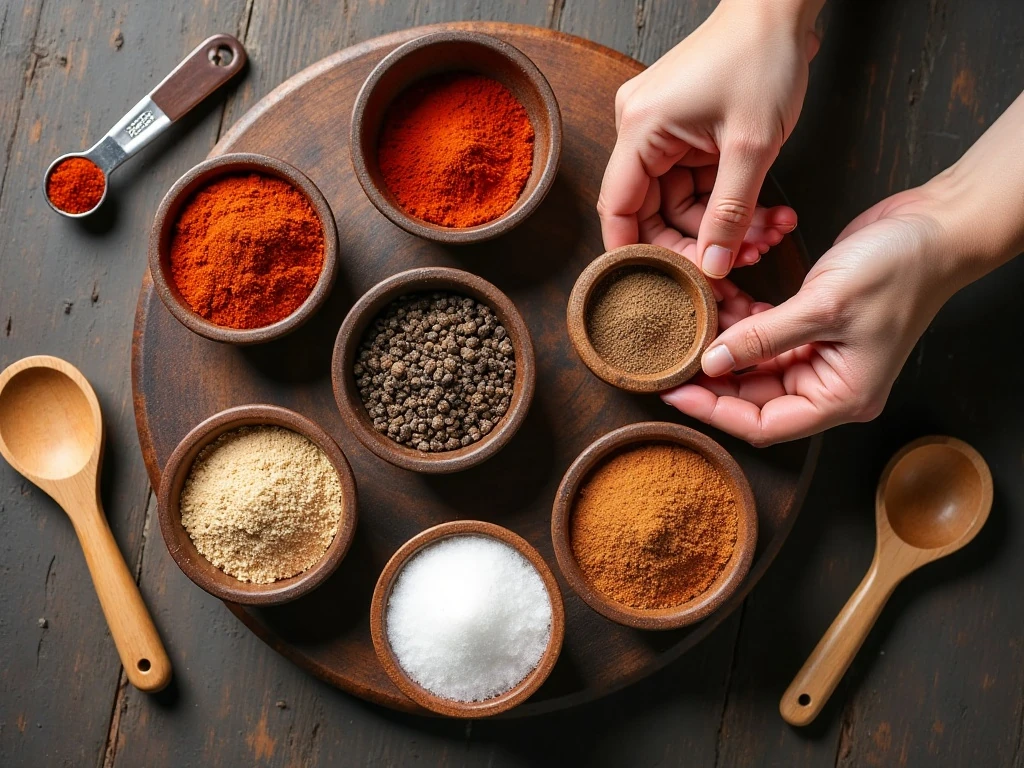 Ingredients for homemade dry rub arranged in bowls