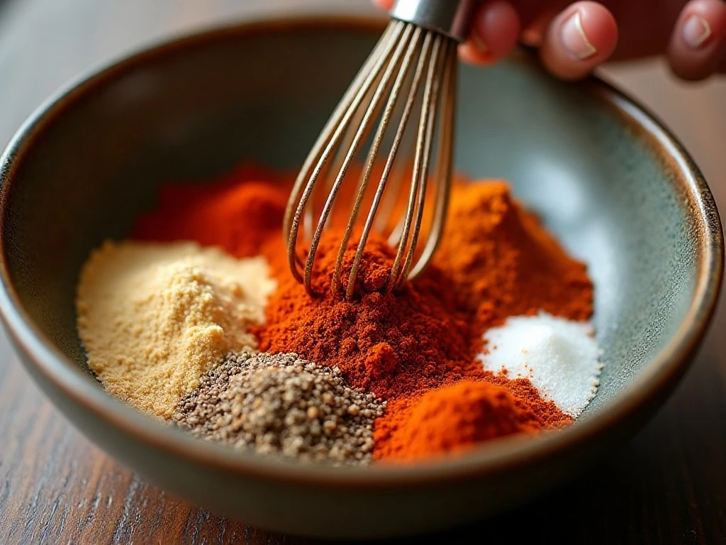 Dry rub spices being thoroughly mixed in a bowl