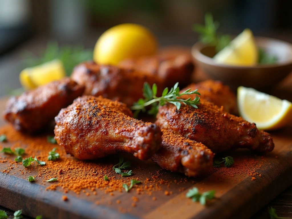 Homemade dry rub coating chicken wings and pork ribs