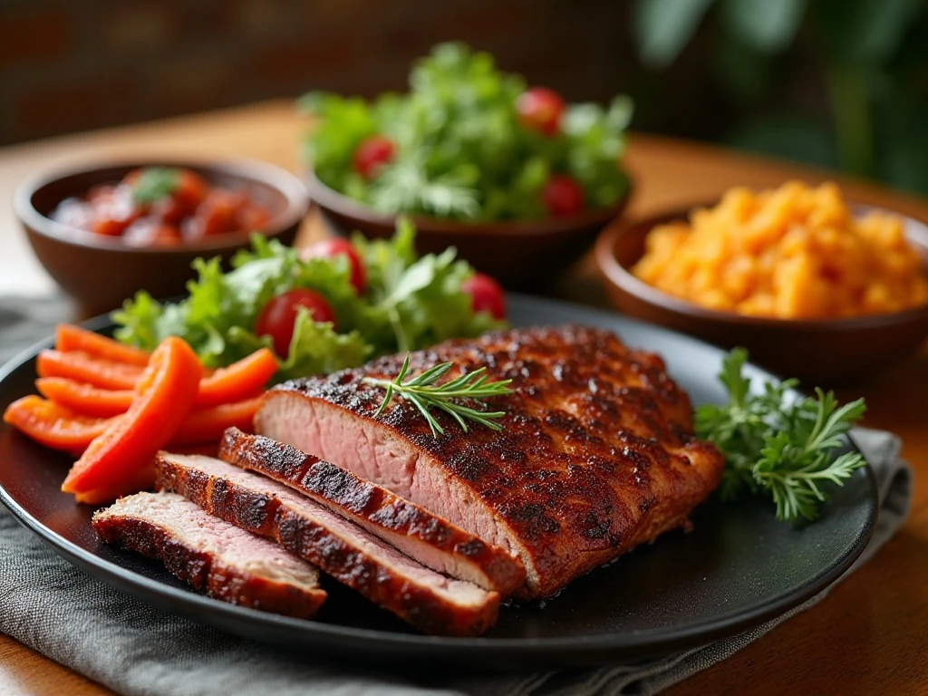 Complete meal served with dry-rubbed meat and flavorful side dishes