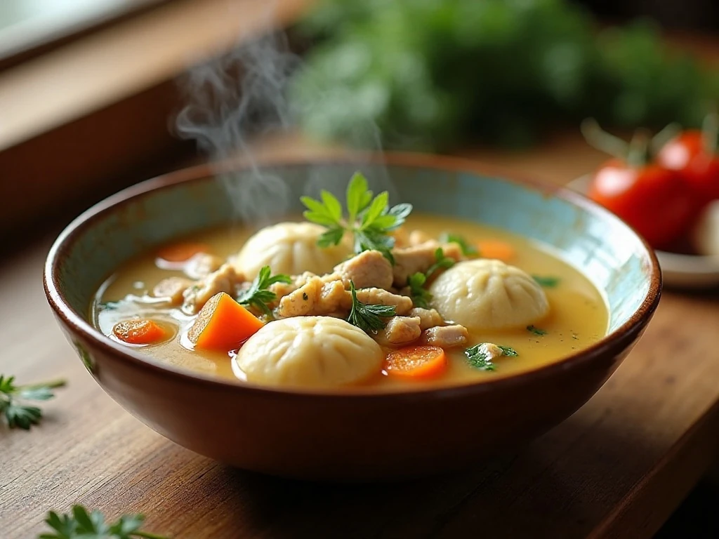 Bowl of chicken soup topped with fluffy homemade dumplings