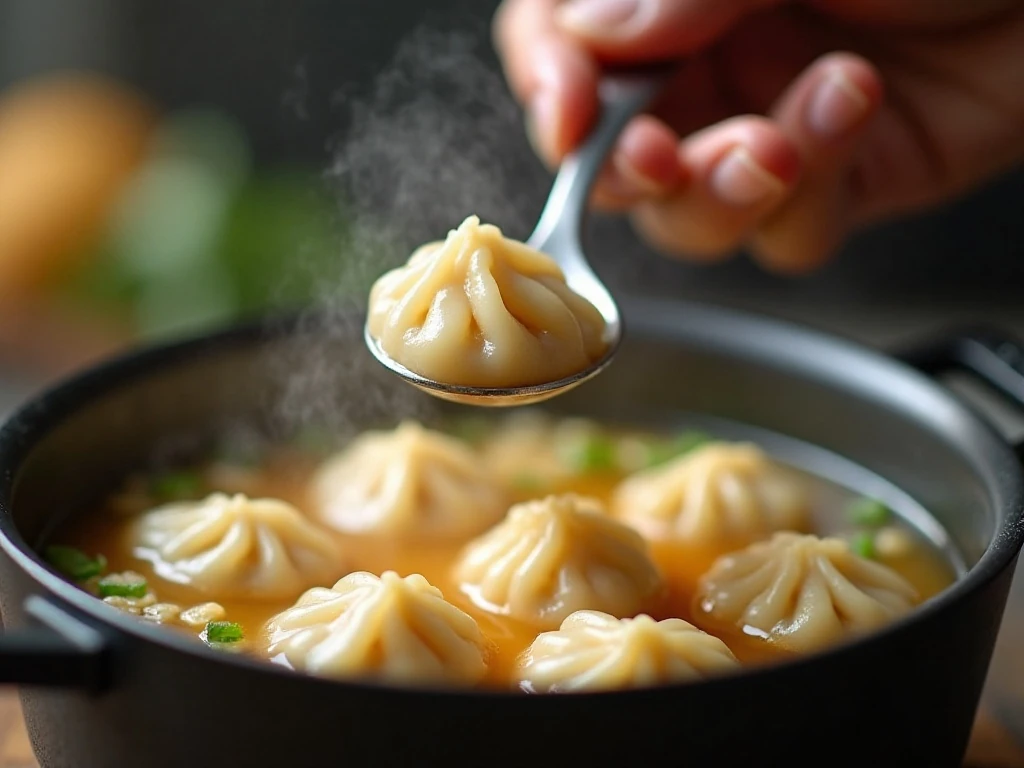 Dropping homemade dumpling dough into simmering broth