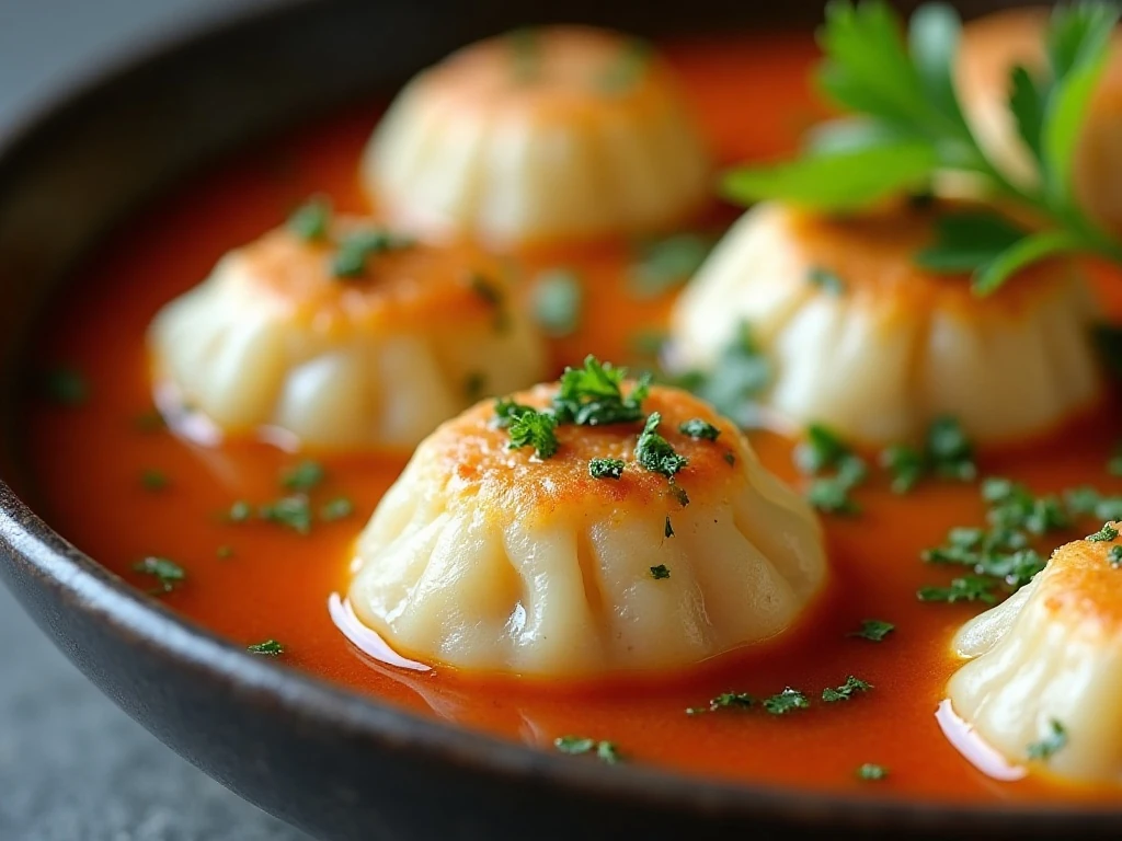 Homemade dumplings garnished with fresh herbs