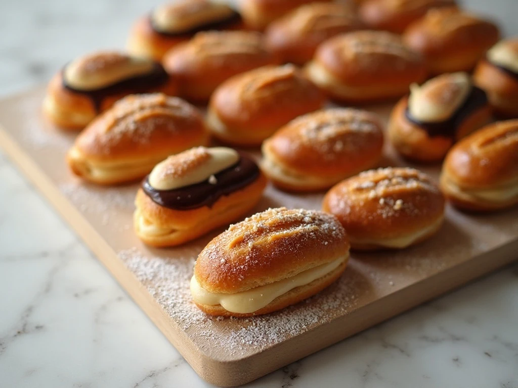 Homemade chocolate éclairs filled with vanilla pastry cream