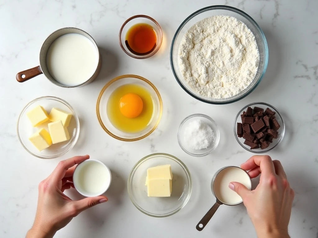 Ingredients for choux pastry, vanilla pastry cream, and chocolate glaze