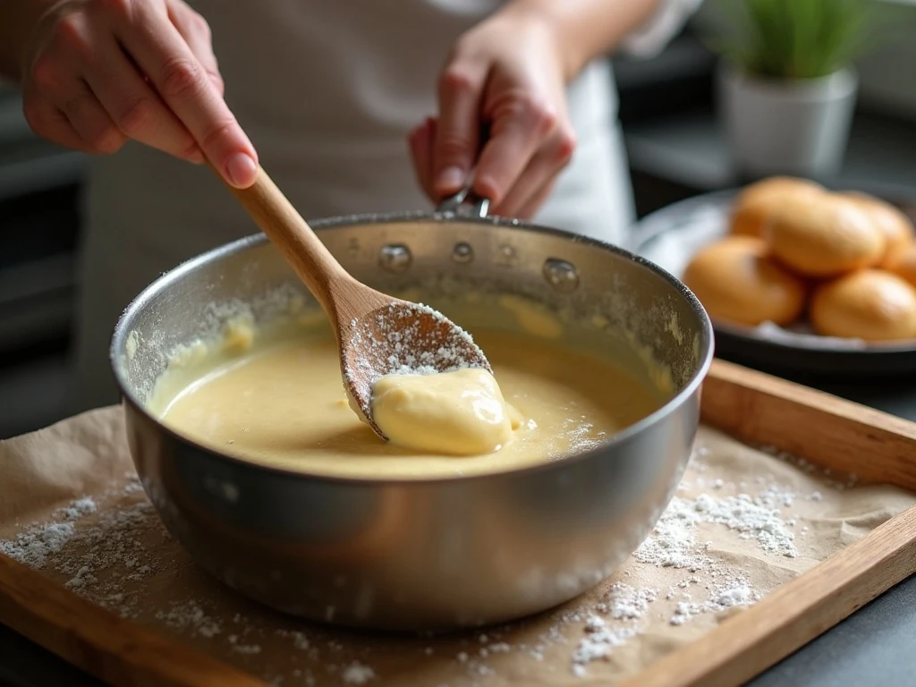 Preparing smooth choux pastry dough for éclairs