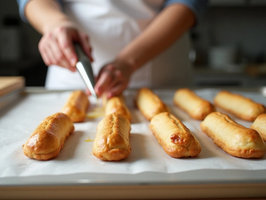 Evenly piped éclair dough ready for baking
