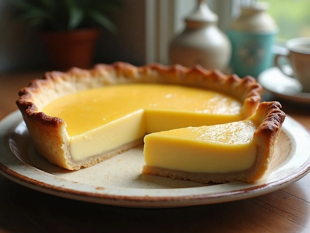 Whole homemade egg custard pie with one slice showing its creamy center