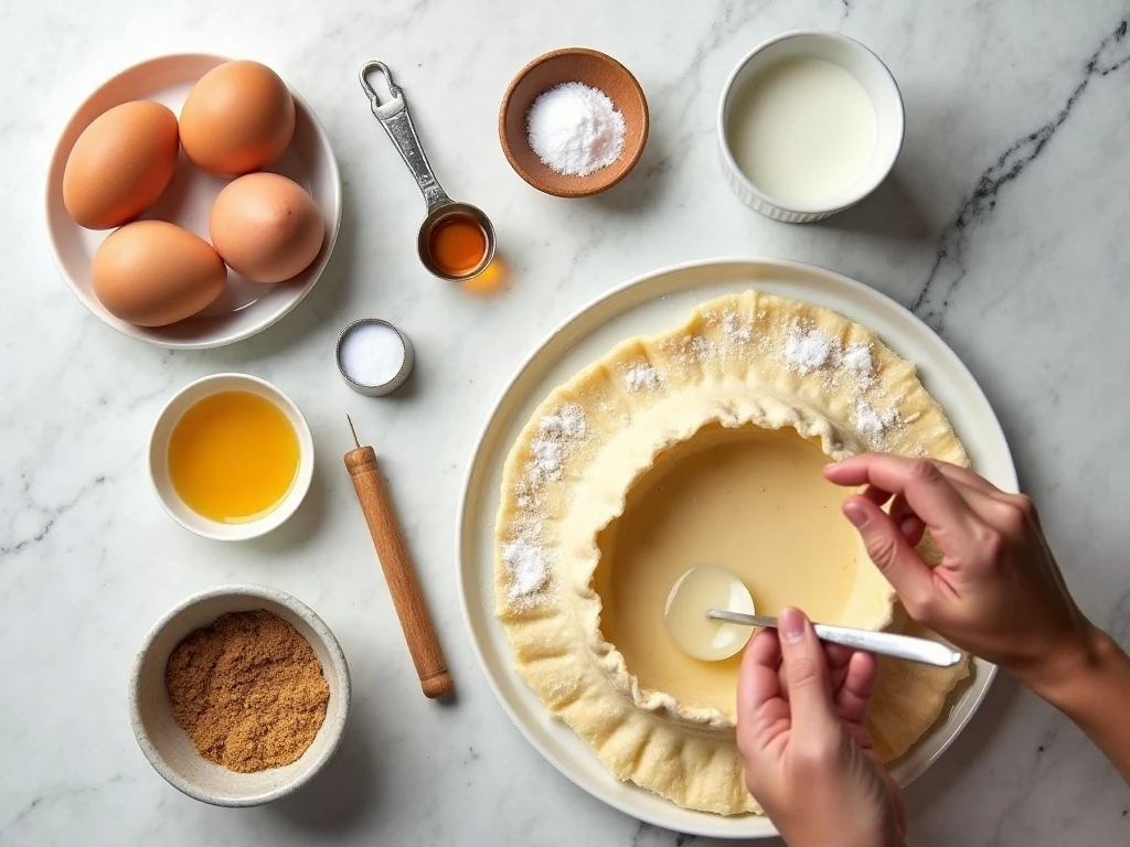 Ingredients for old-fashioned homemade egg custard pie