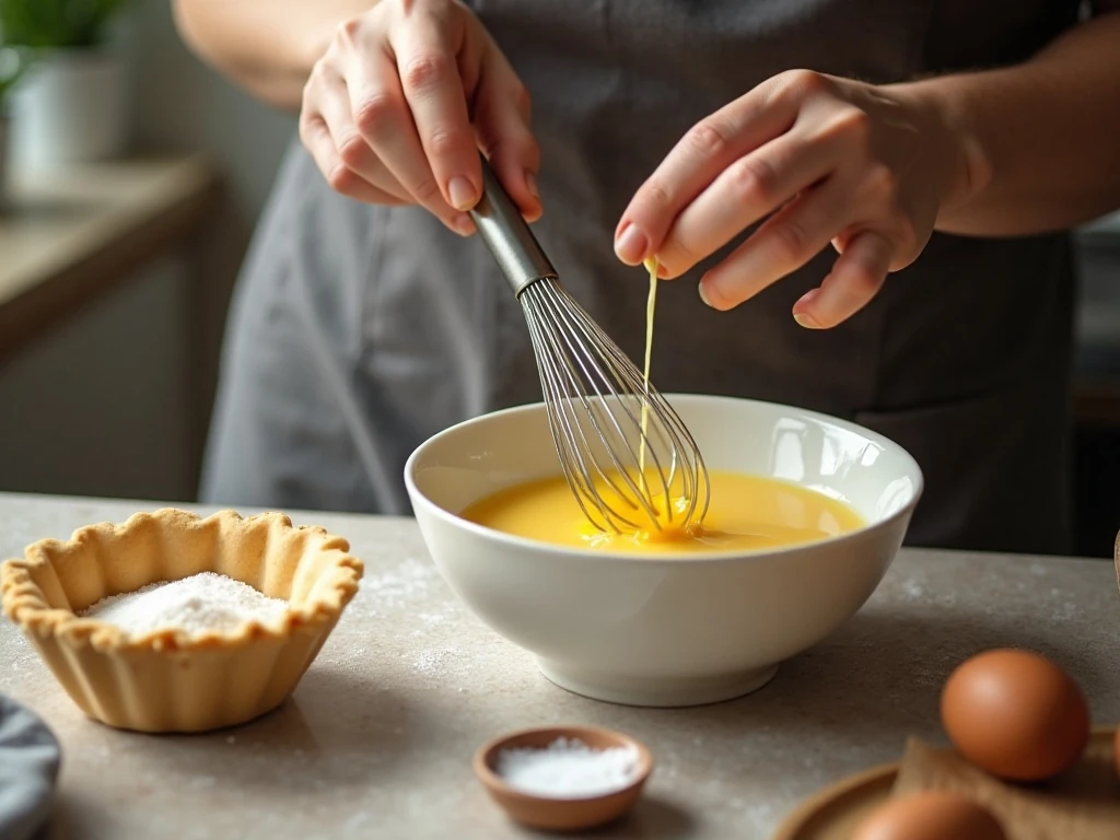 Whisking warm milk into the egg custard mixture