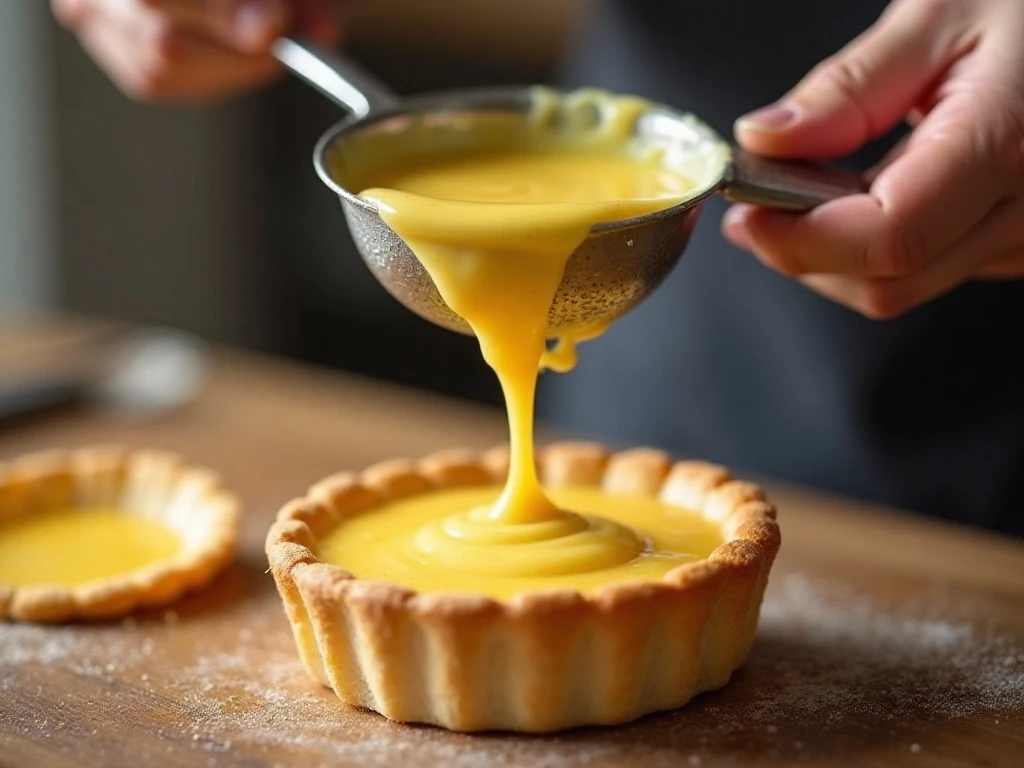Straining egg custard into an unbaked pie crust