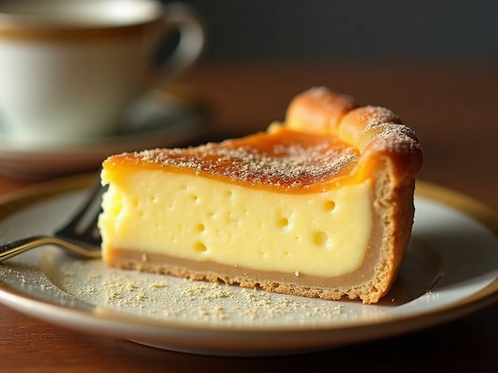 Egg custard pie slice dusted with nutmeg