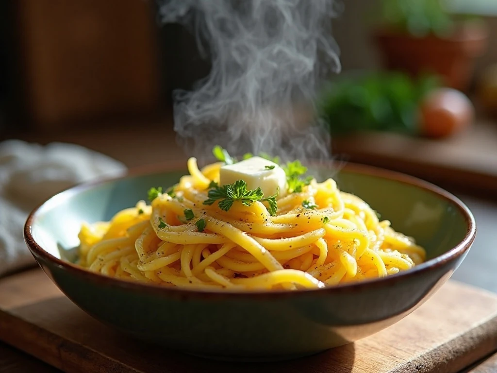 A bowl of tender homemade egg noodles with butter and parsley
