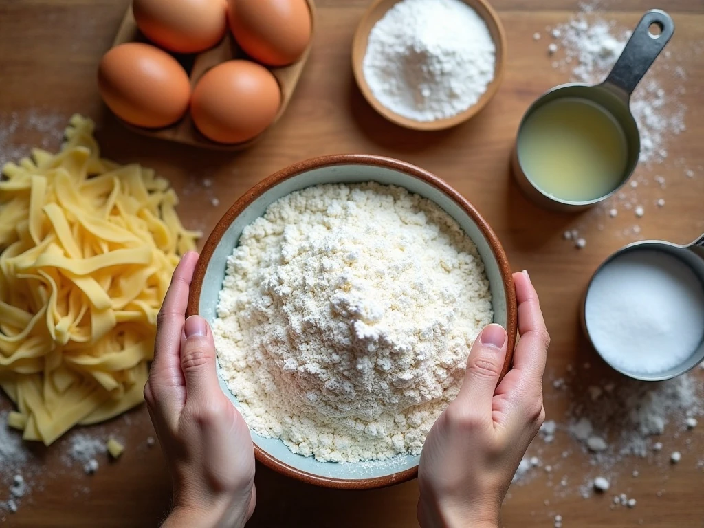 Ingredients for homemade egg noodles arranged on a work surface