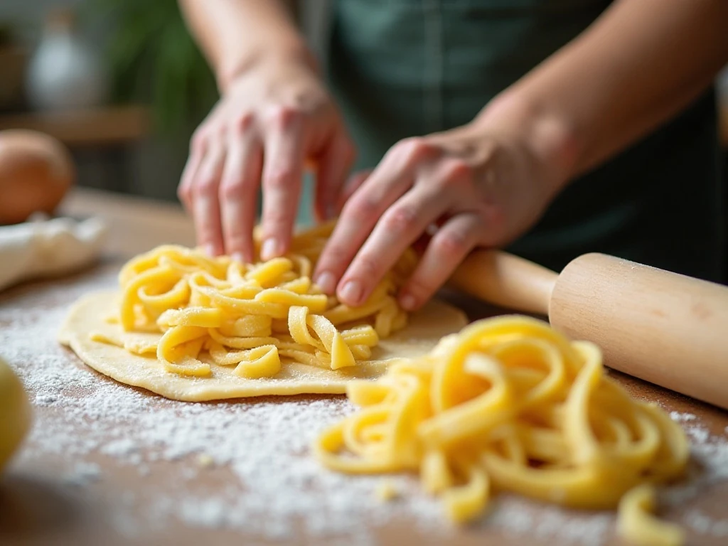 Rolling homemade egg noodle dough into a thin pasta sheet