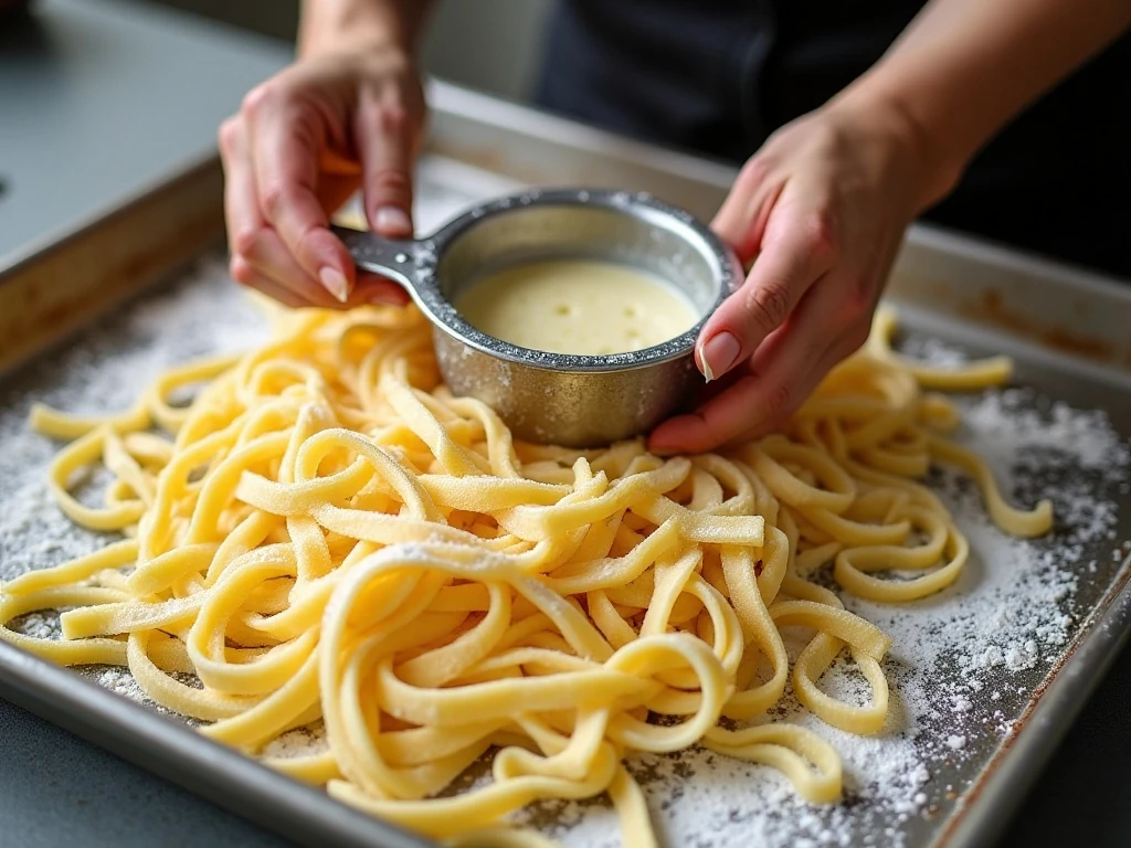 Fresh cut egg noodles resting in a loose floured layer