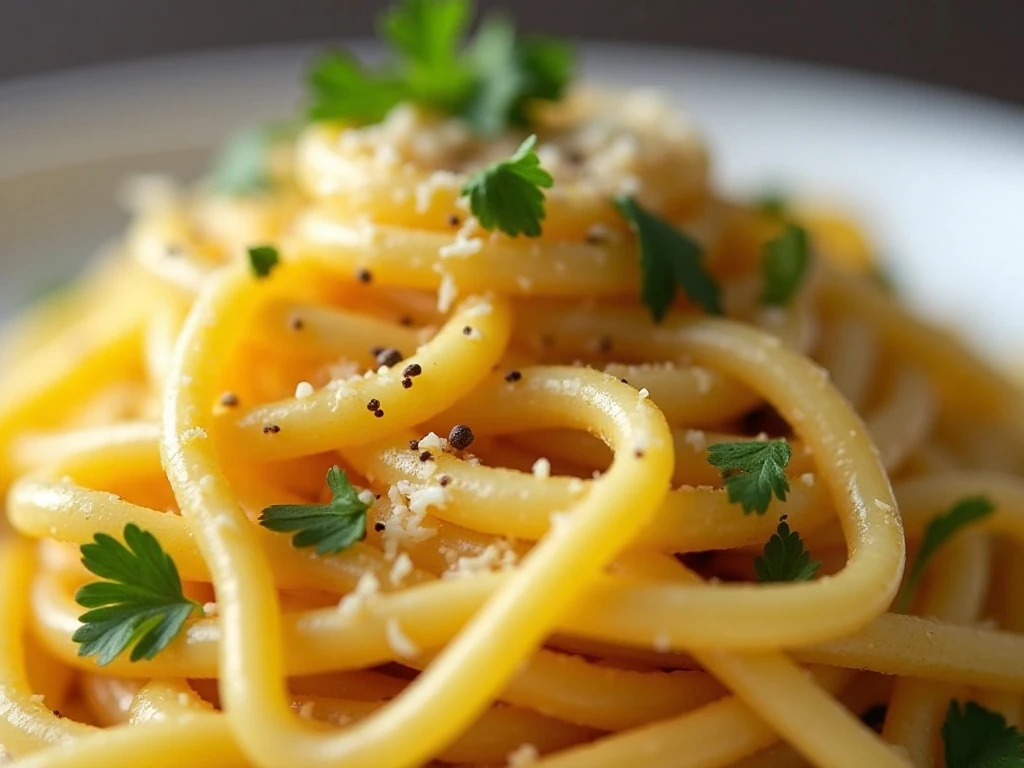 Buttered homemade egg noodles garnished with parsley and black pepper
