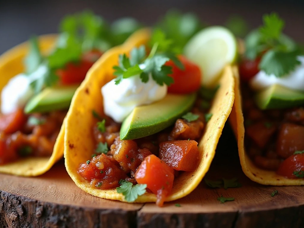 Homemade fajita tacos with fresh toppings and lime