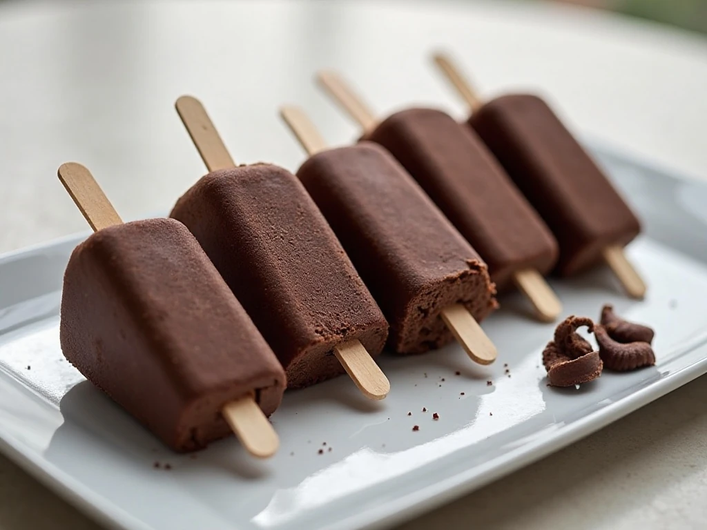 Creamy homemade chocolate fudgesicles arranged on a platter