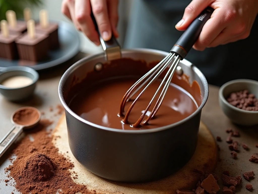 Cooking the chocolate fudgesicle mixture in a saucepan