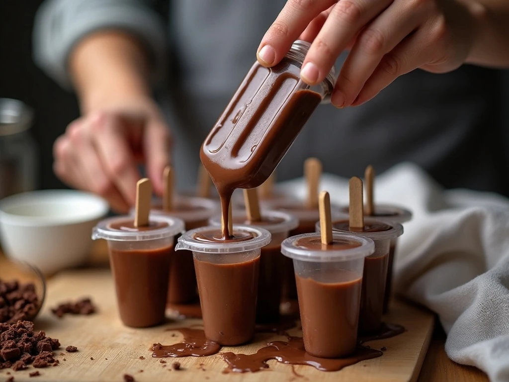 Pouring smooth chocolate mixture into fudgesicle molds