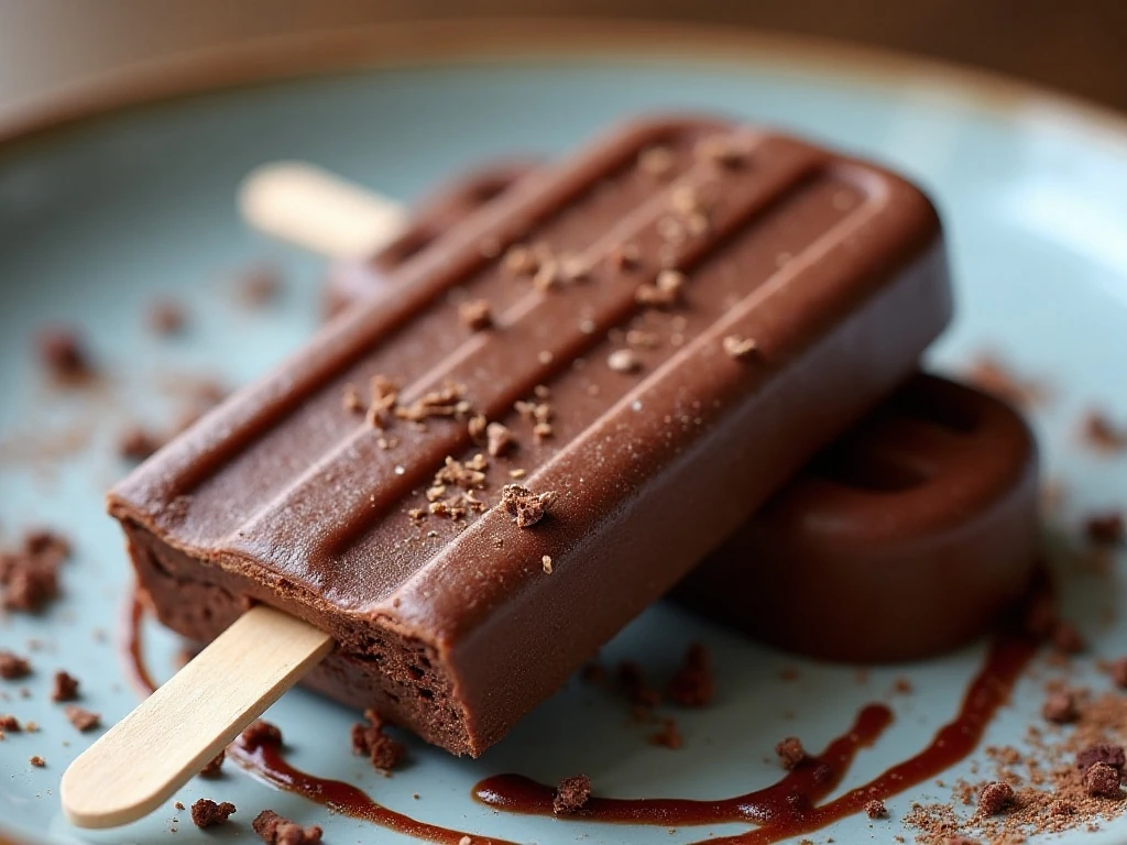 Chocolate fudgesicle with chocolate drizzle and shavings