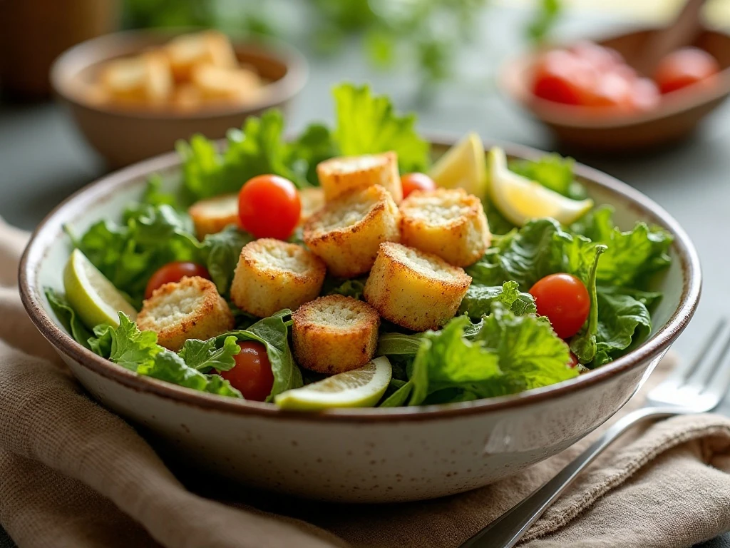 Fresh salad topped with homemade garlic croutons