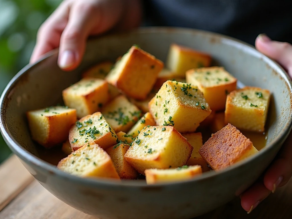 Bread cubes tossed with garlic butter seasoning