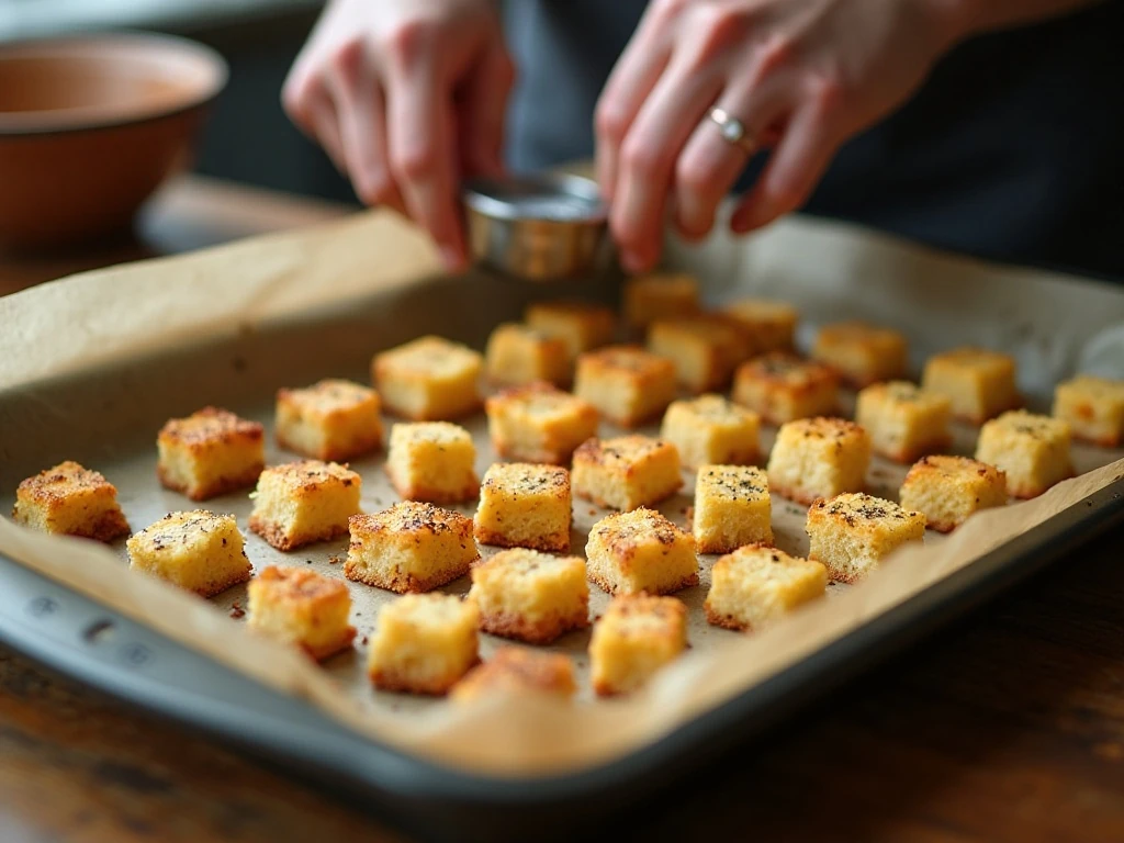 Seasoned bread cubes arranged in one layer on a baking sheet