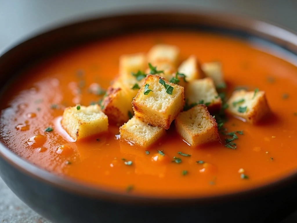 Crispy garlic croutons served over tomato soup
