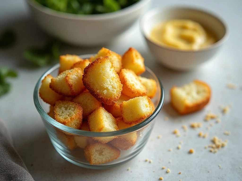 Homemade garlic croutons stored in an airtight container