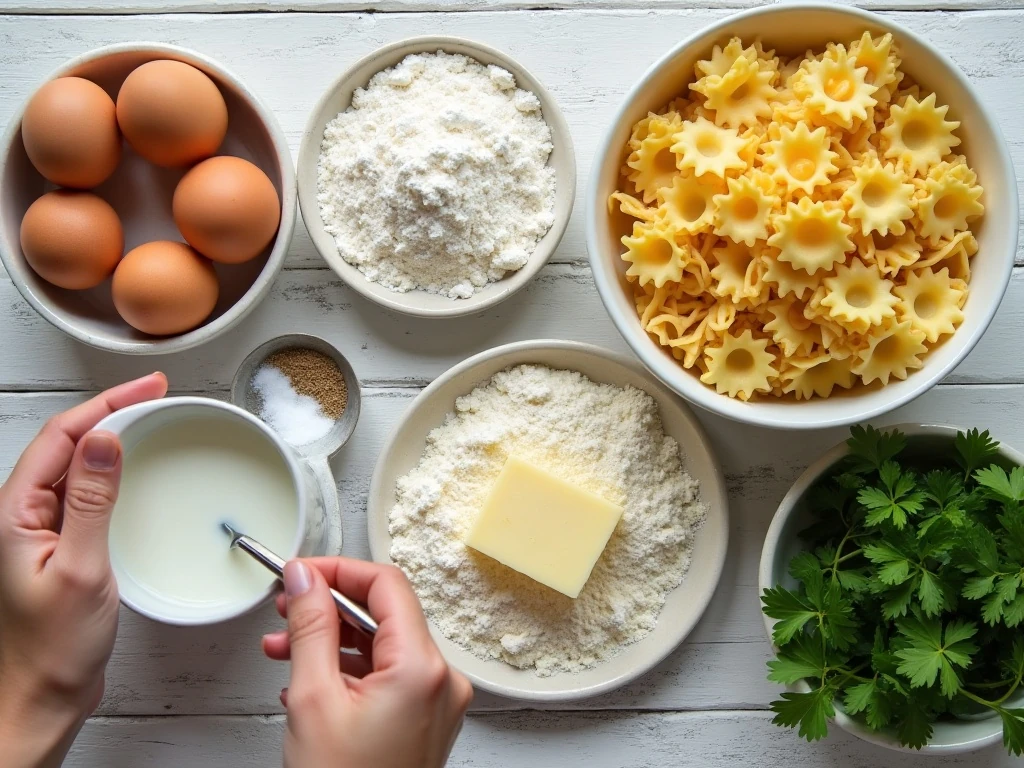 Ingredients for homemade German spaetzle including flour eggs milk butter and parsley