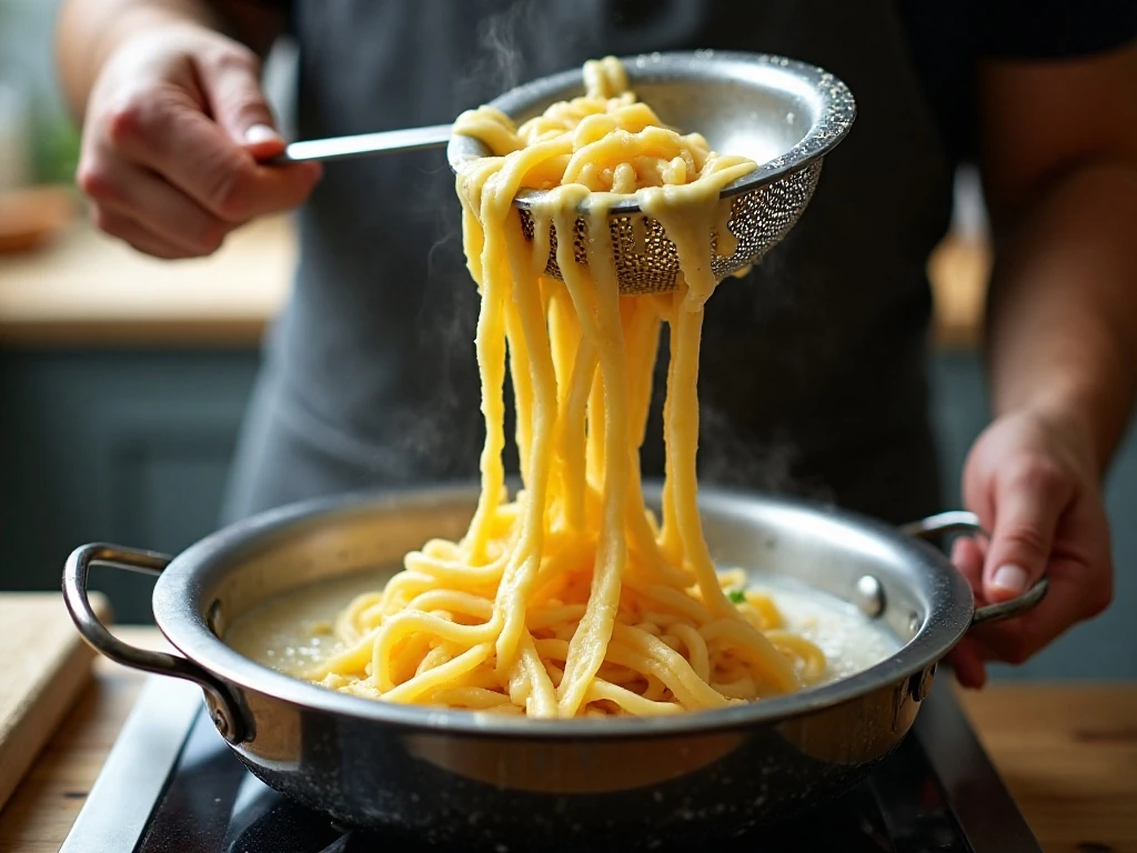 Pressing thick spaetzle batter through a colander into simmering water