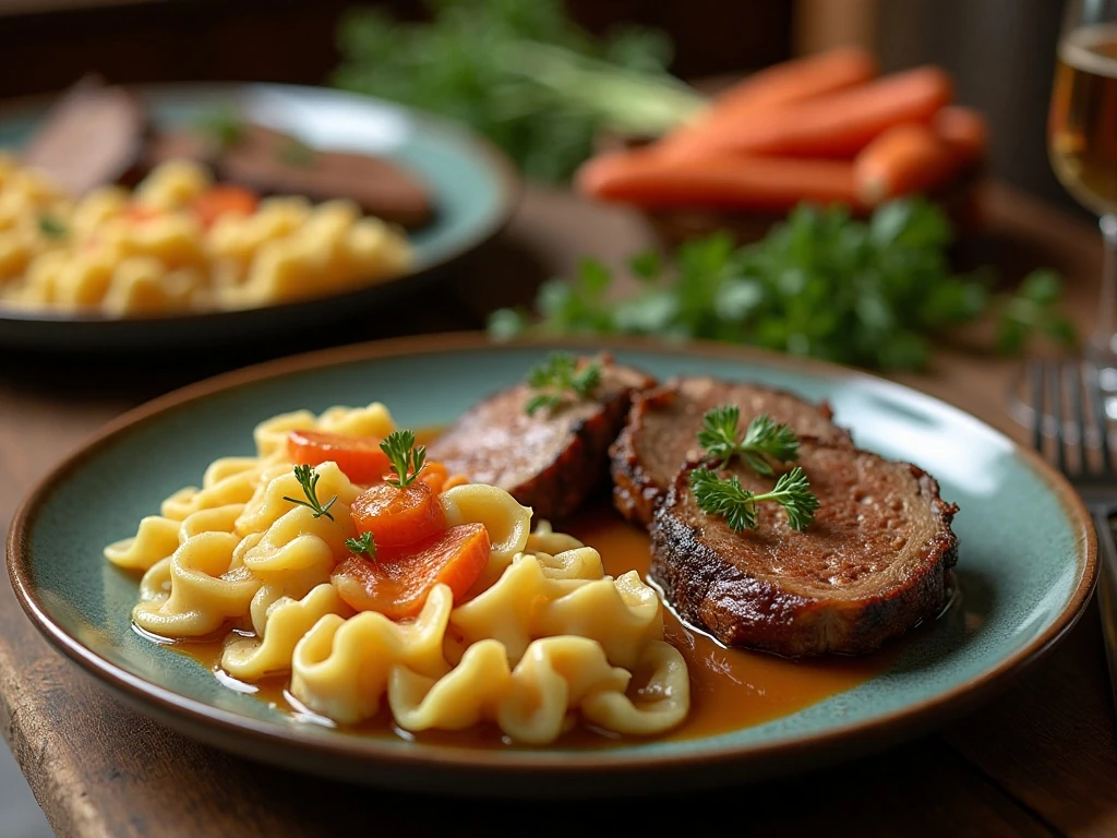German spaetzle served with roast meat gravy and glazed carrots