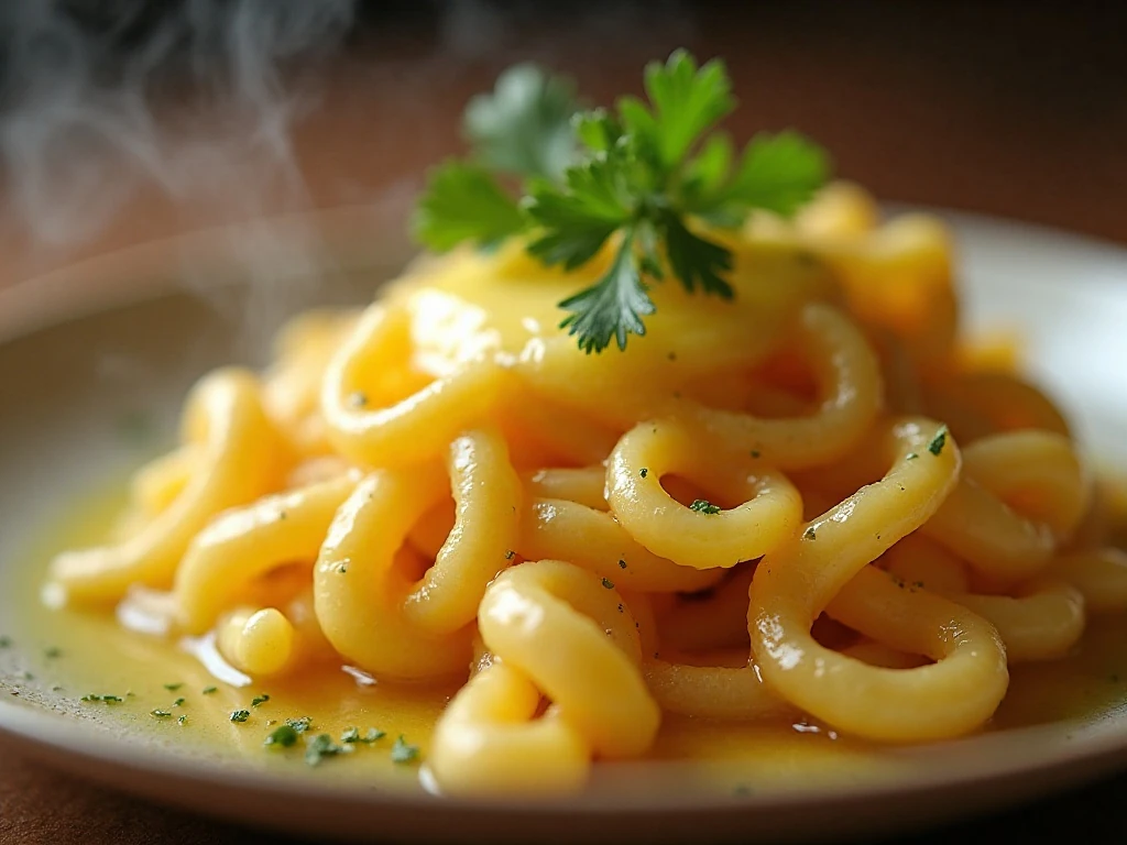Close-up of buttery spaetzle with parsley and golden browned edges